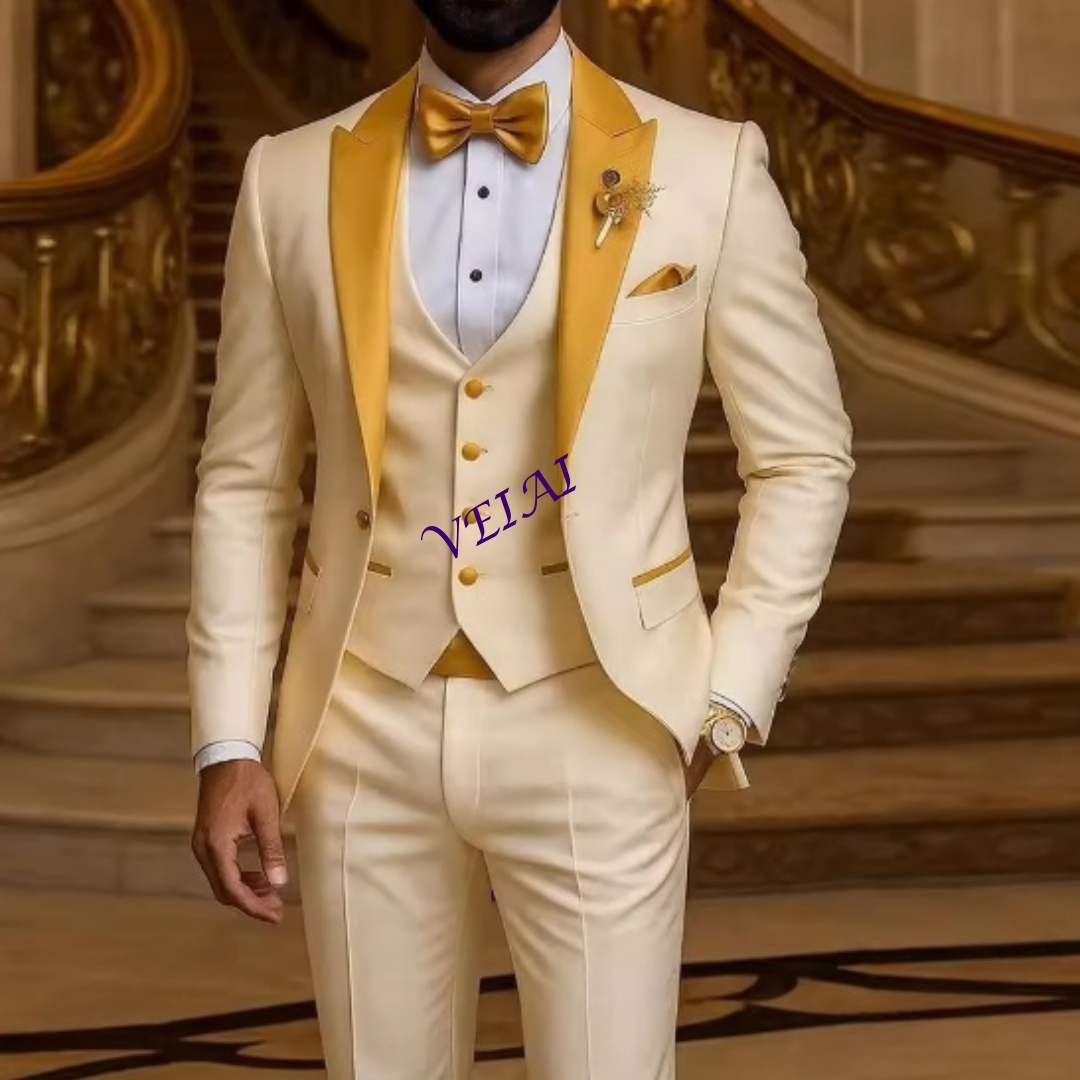 Men Formal Wear Wedding - CustomizedGold Collar Ivory Men Suit Wedding