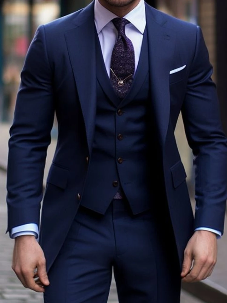Navy Blue 3 Pieces Casual Male - огляд і ціна Men Formal Wear Wedding